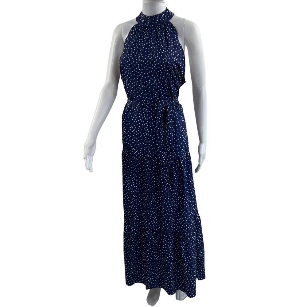 NWT Made With Love Women XL Navy Polka Dot Tiered Ruffled Maxi Dress Flowy Retro
